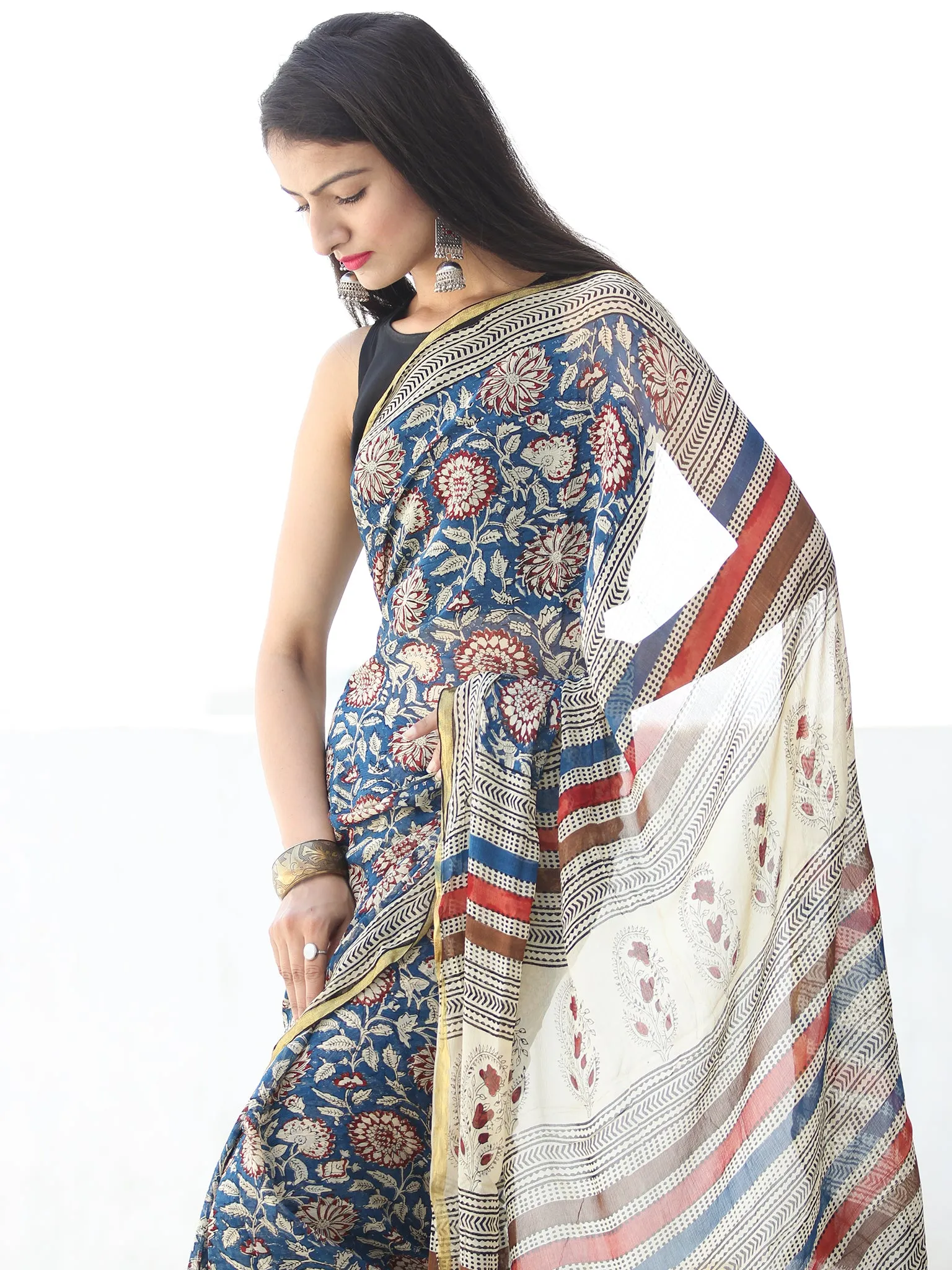 Indigo Ivory Red Hand Block Printed Chiffon Saree with Zari Border - S031703919