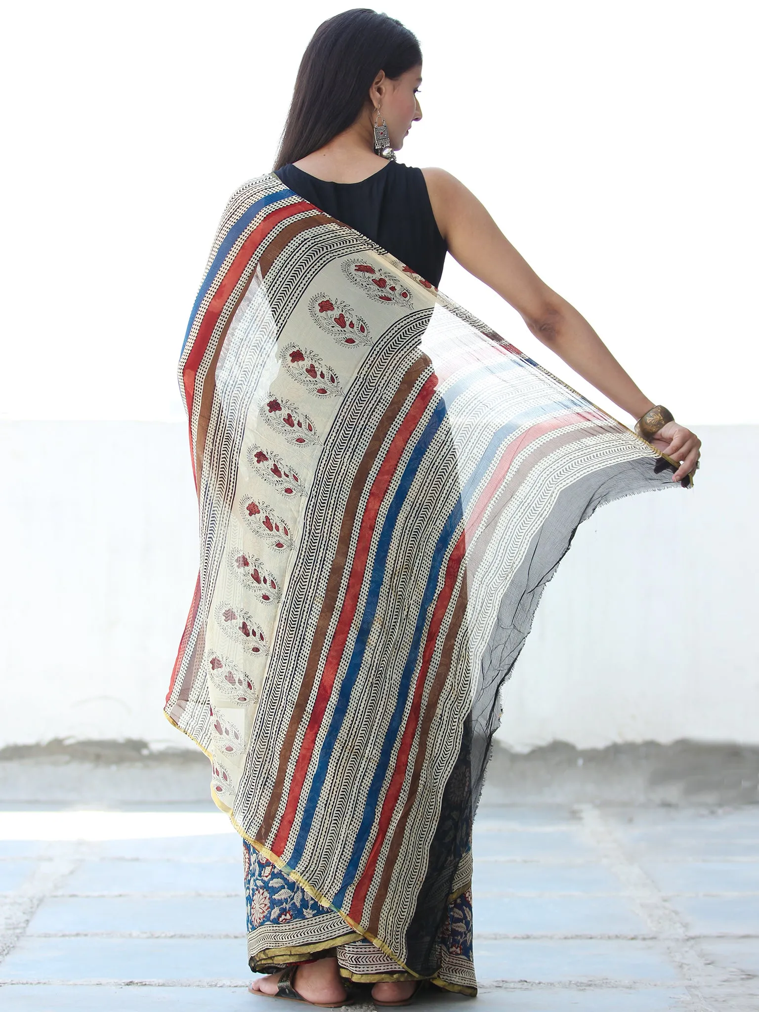 Indigo Ivory Red Hand Block Printed Chiffon Saree with Zari Border - S031703919