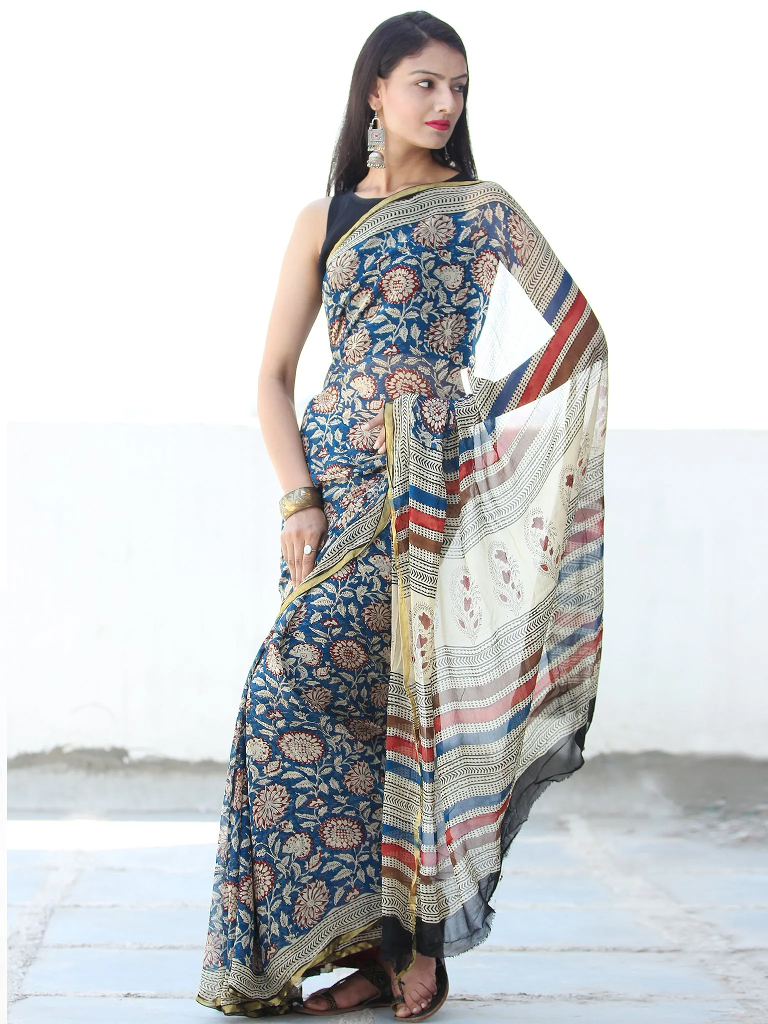 Indigo Ivory Red Hand Block Printed Chiffon Saree with Zari Border - S031703919