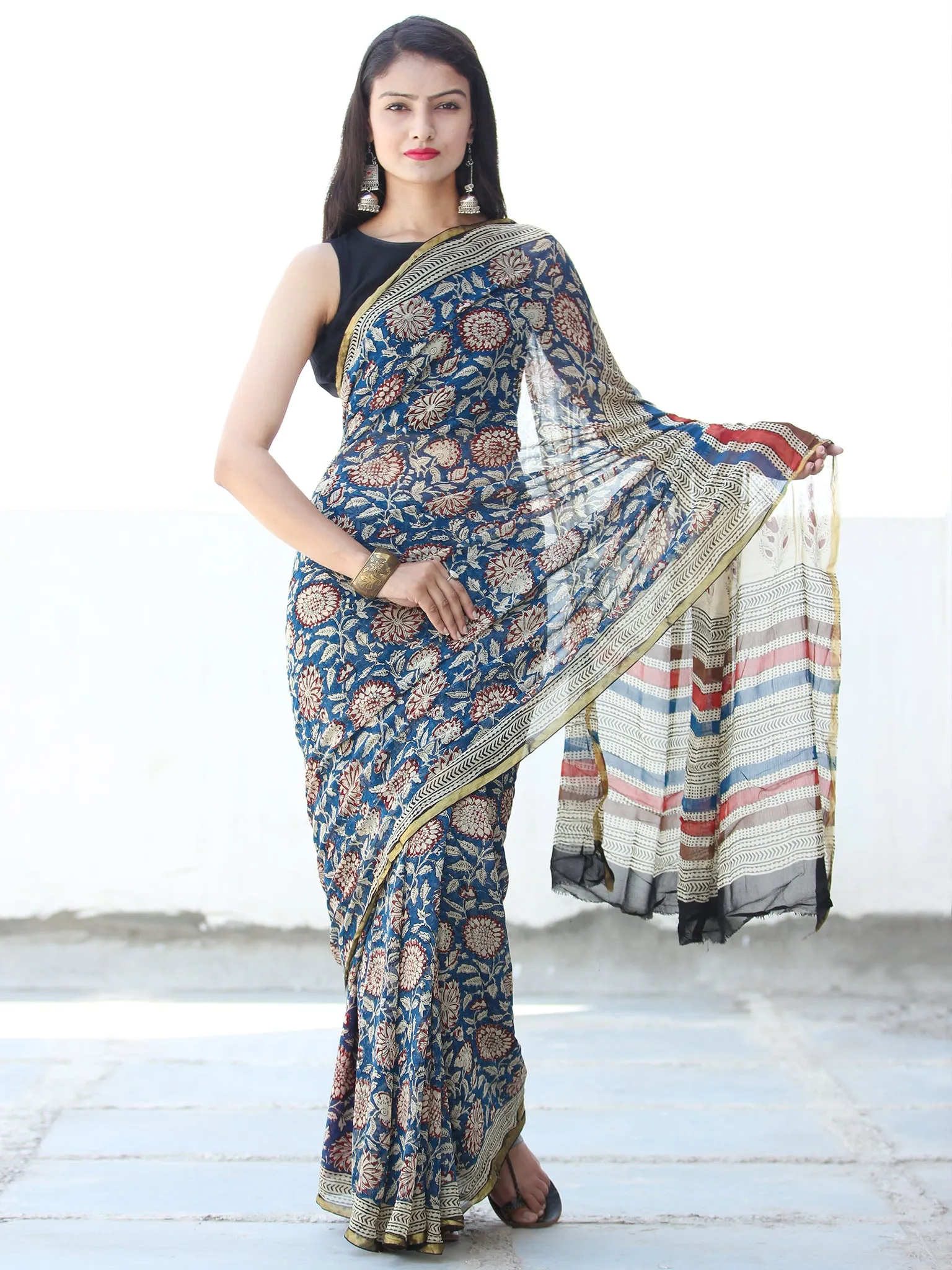 Indigo Ivory Red Hand Block Printed Chiffon Saree with Zari Border - S031703919