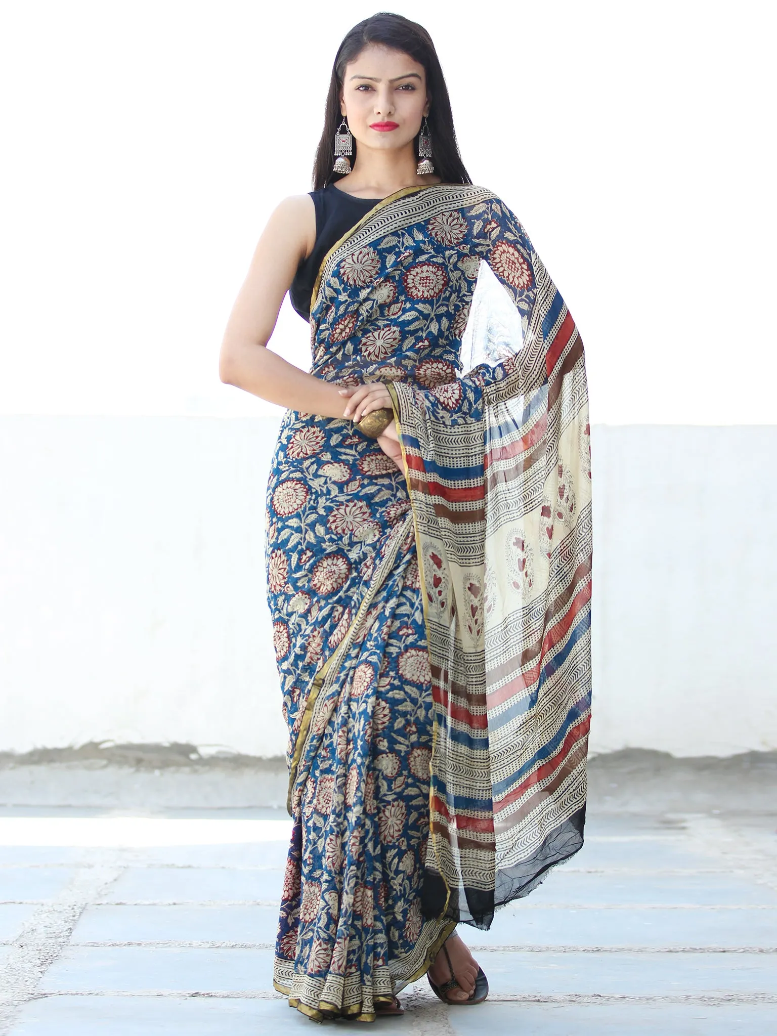 Indigo Ivory Red Hand Block Printed Chiffon Saree with Zari Border - S031703919