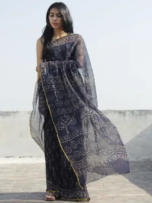 Indigo Kashish Ivory Hand Block Printed Chiffon Saree - S031702322