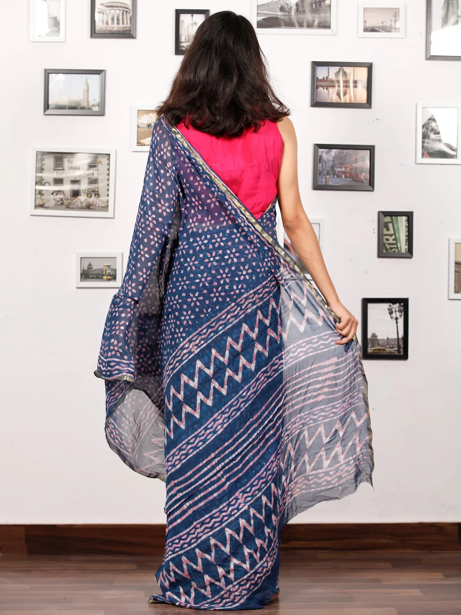 Indigo Lavender White Hand Block Printed Chiffon Saree with Zari Border - S031703157