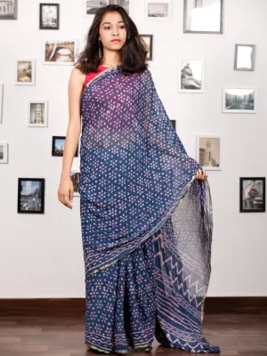 Indigo Lavender White Hand Block Printed Chiffon Saree with Zari Border - S031703157