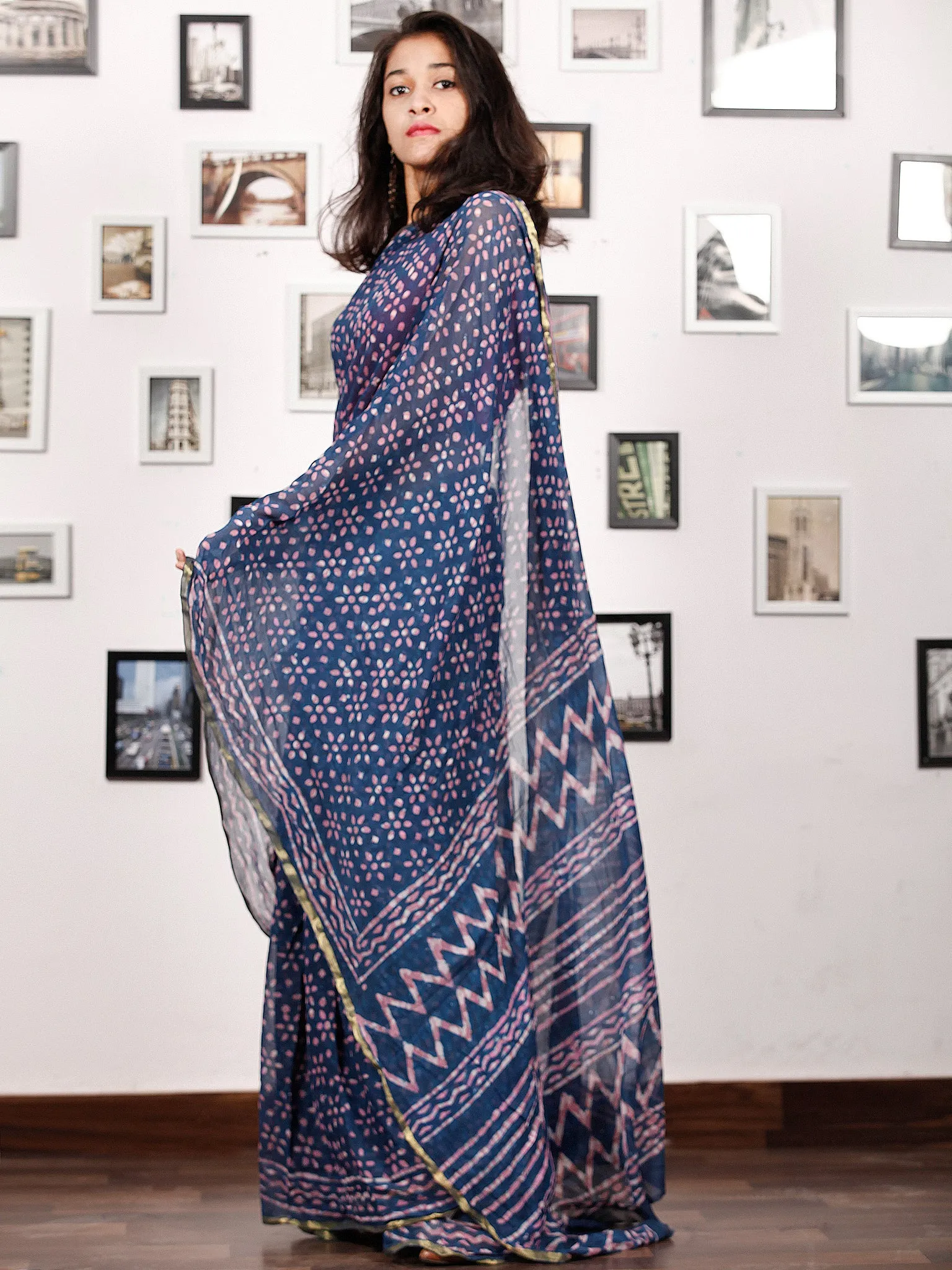 Indigo Lavender White Hand Block Printed Chiffon Saree with Zari Border - S031703157