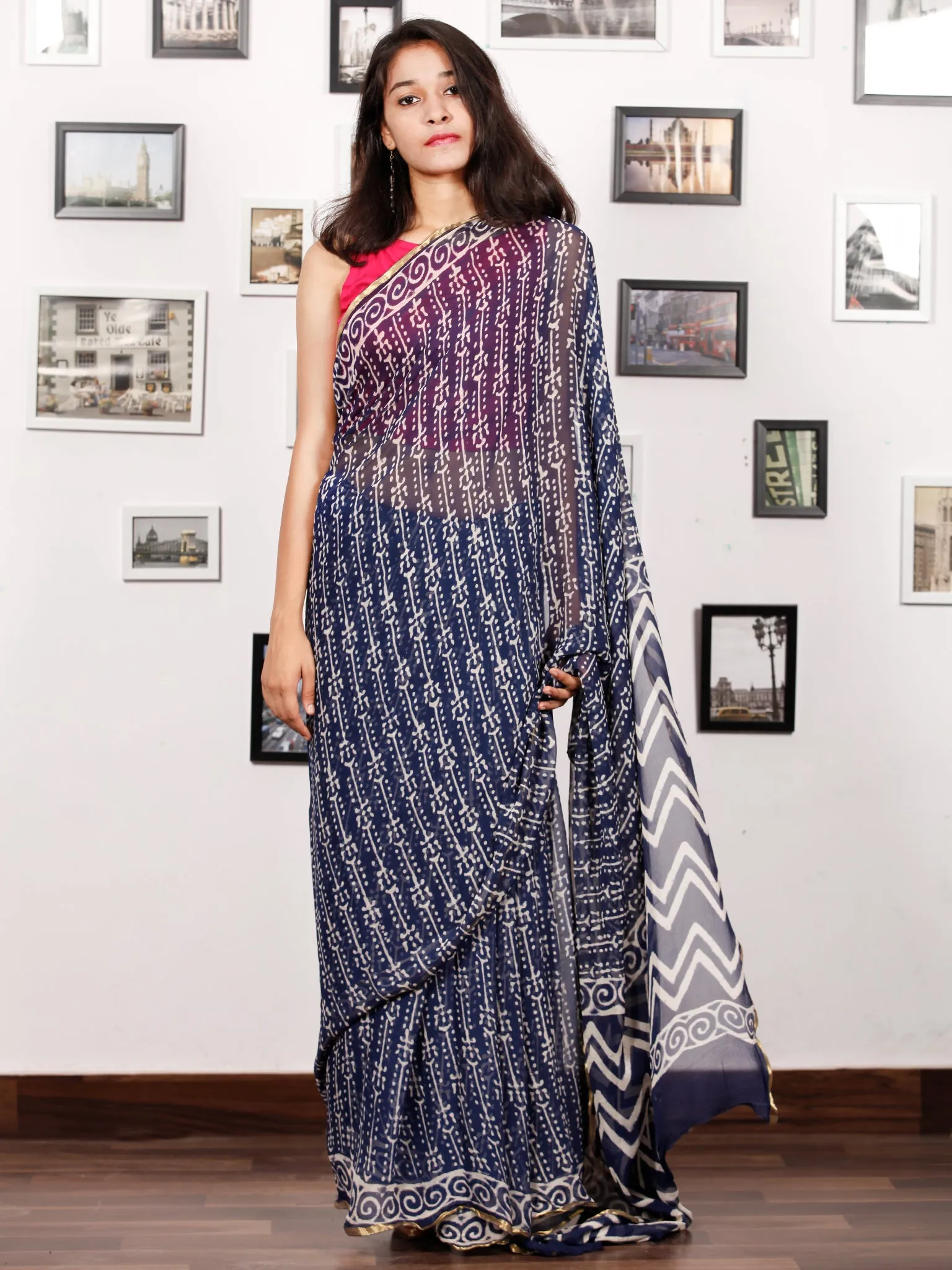 Indigo White Hand Block Printed Chiffon Saree with Zari Border - S031703153