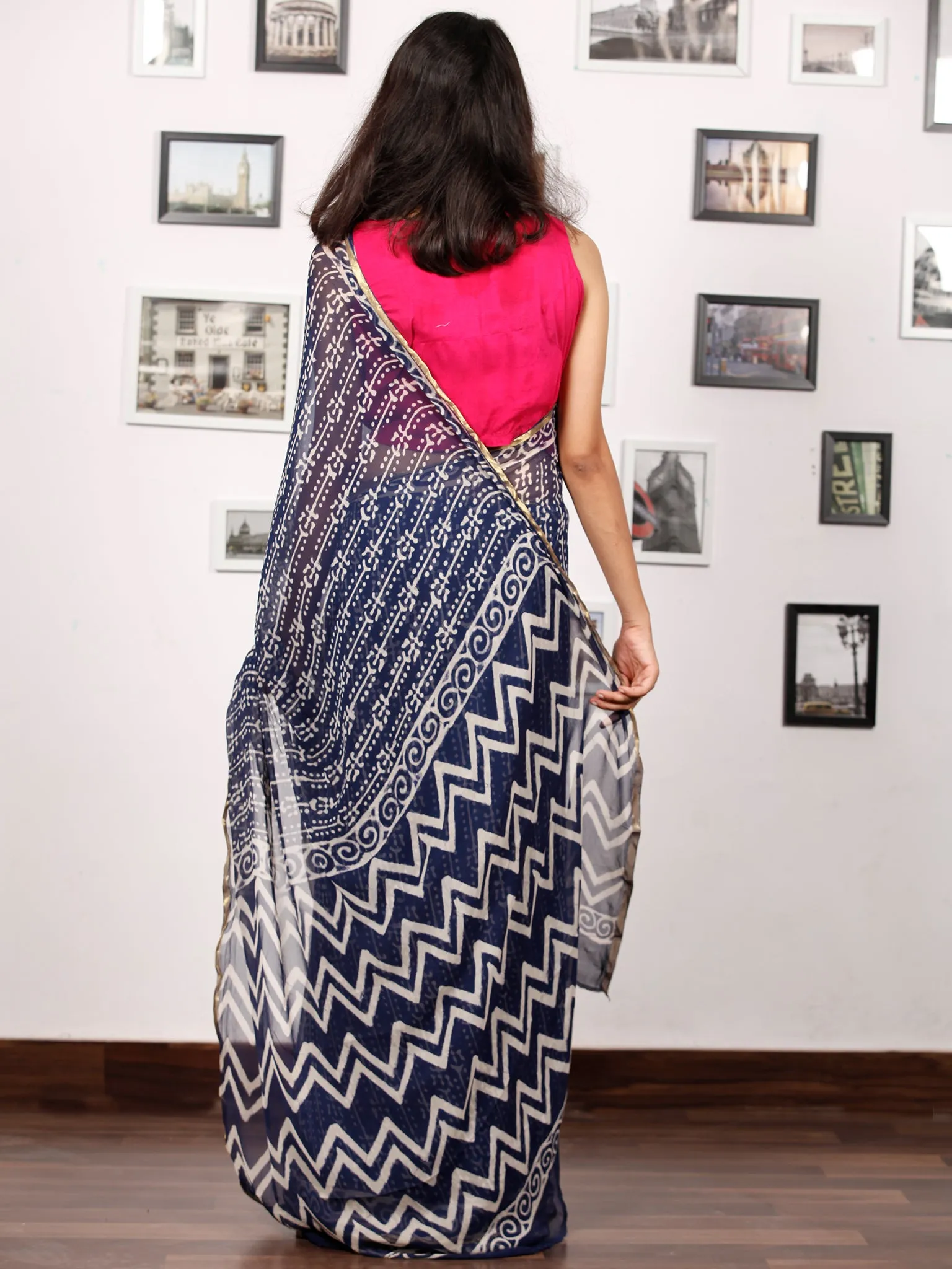 Indigo White Hand Block Printed Chiffon Saree with Zari Border - S031703153