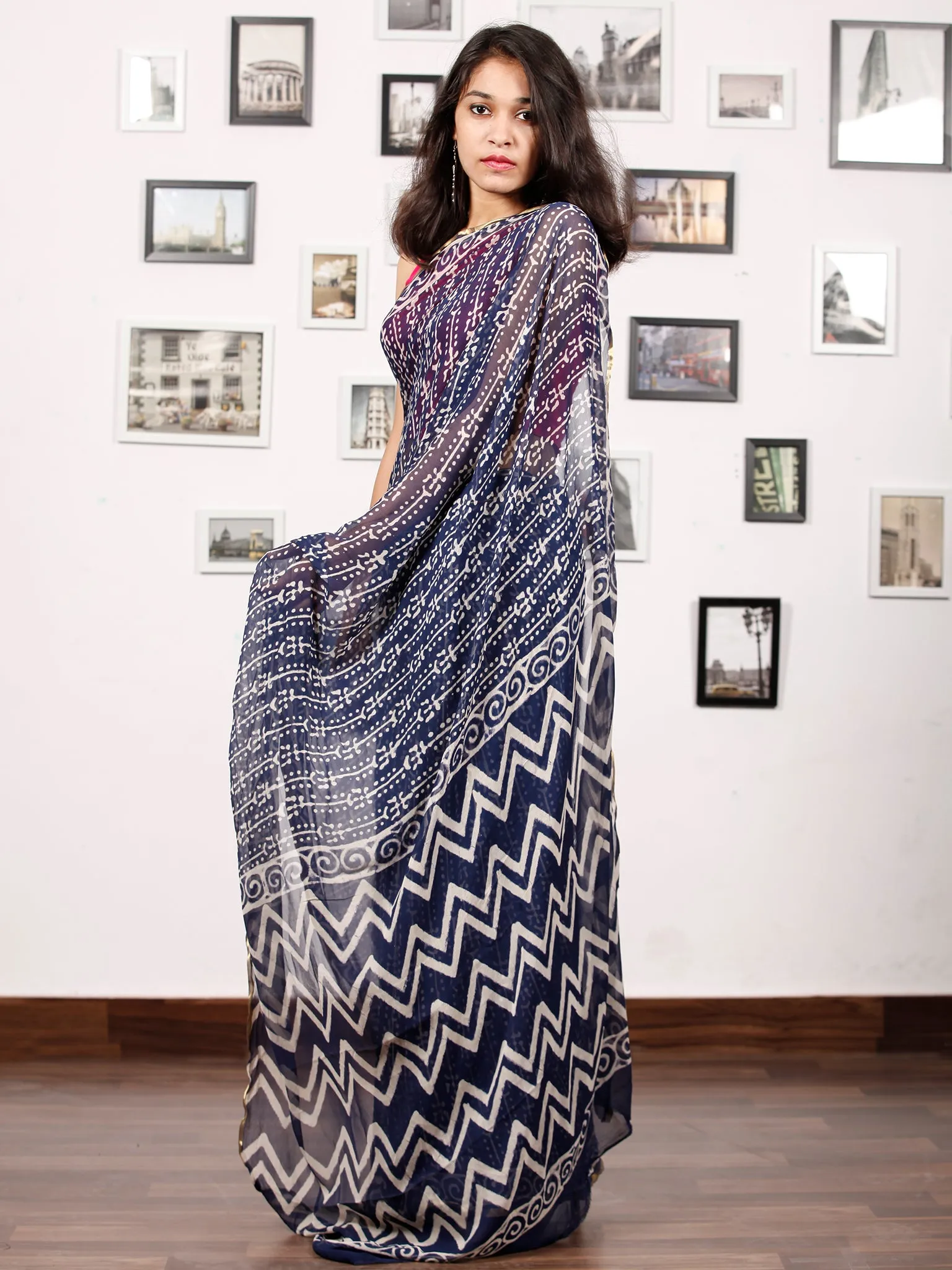 Indigo White Hand Block Printed Chiffon Saree with Zari Border - S031703153