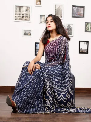 Indigo White Hand Block Printed Chiffon Saree with Zari Border - S031703153