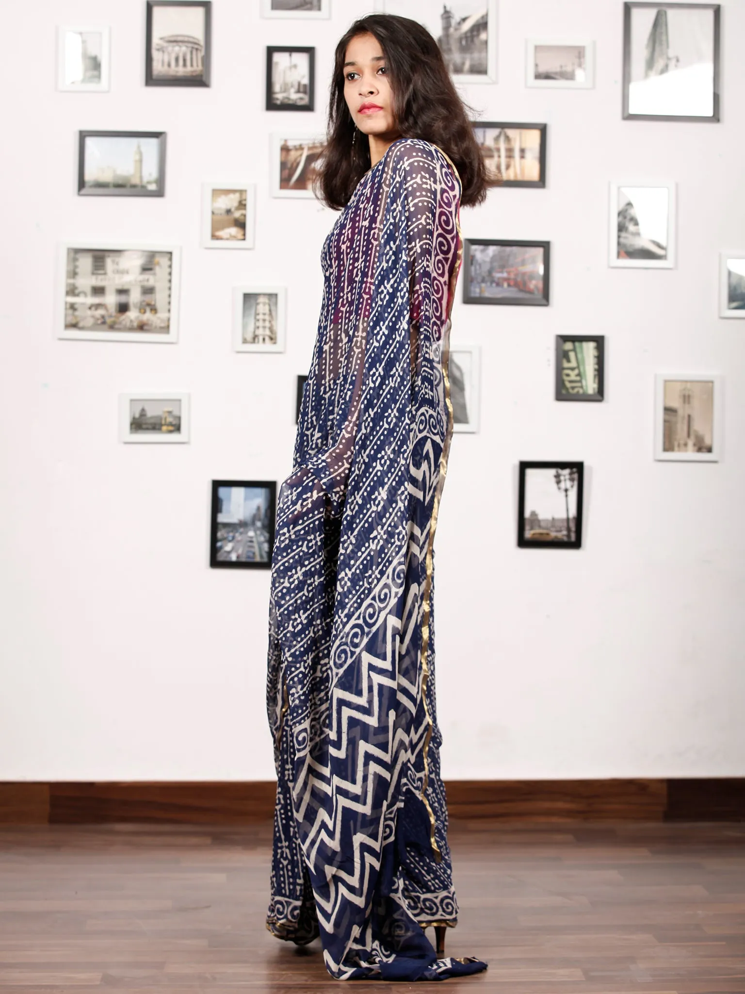 Indigo White Hand Block Printed Chiffon Saree with Zari Border - S031703153