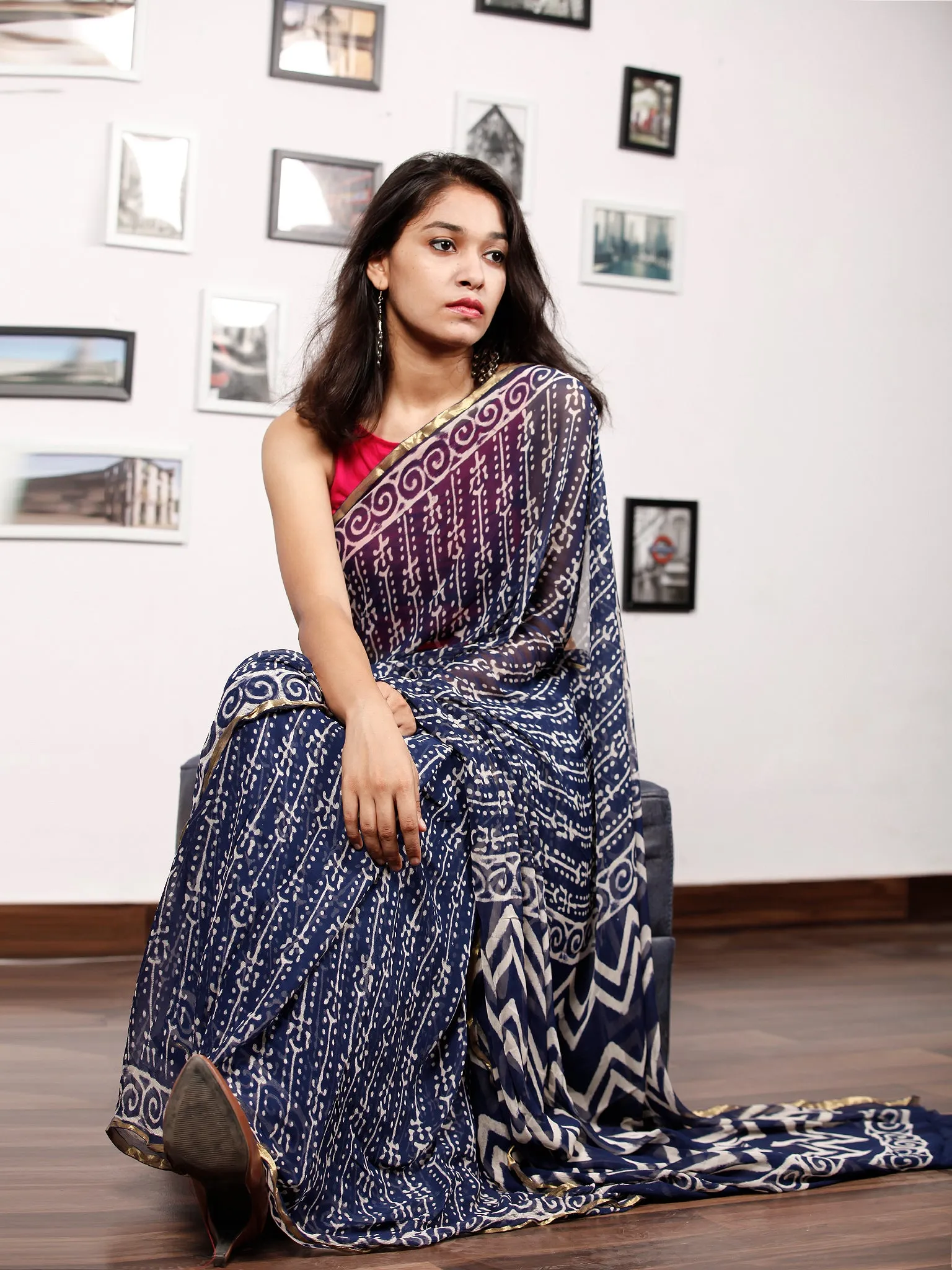 Indigo White Hand Block Printed Chiffon Saree with Zari Border - S031703153