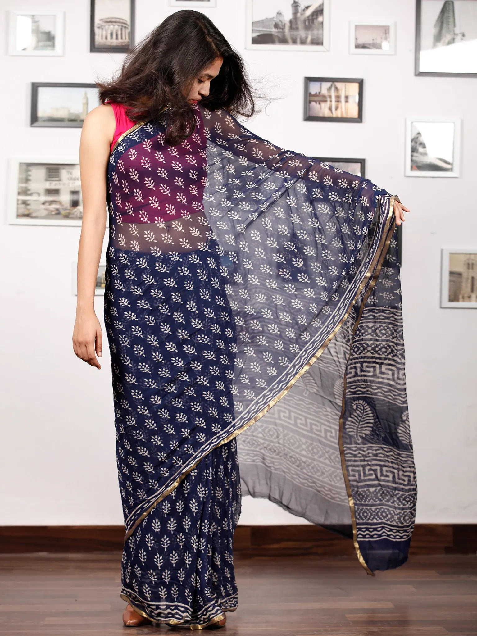 Indigo White Hand Block Printed Chiffon Saree with Zari Border - S031703156