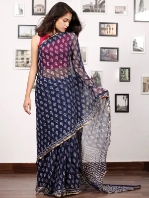 Indigo White Hand Block Printed Chiffon Saree with Zari Border - S031703156