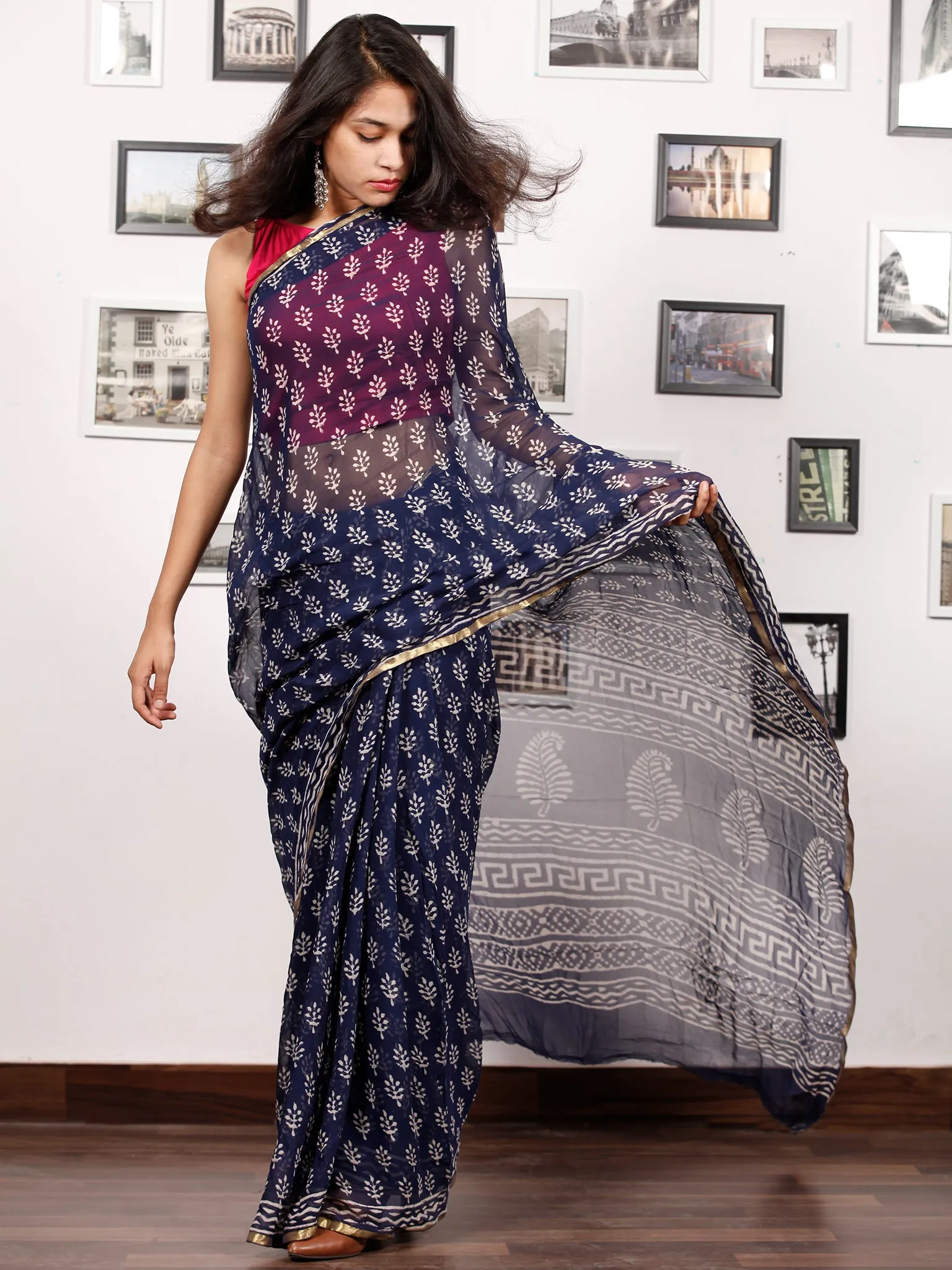 Indigo White Hand Block Printed Chiffon Saree with Zari Border - S031703156