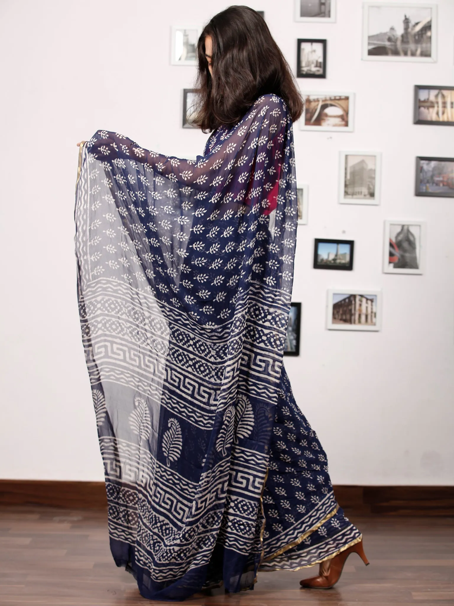 Indigo White Hand Block Printed Chiffon Saree with Zari Border - S031703156