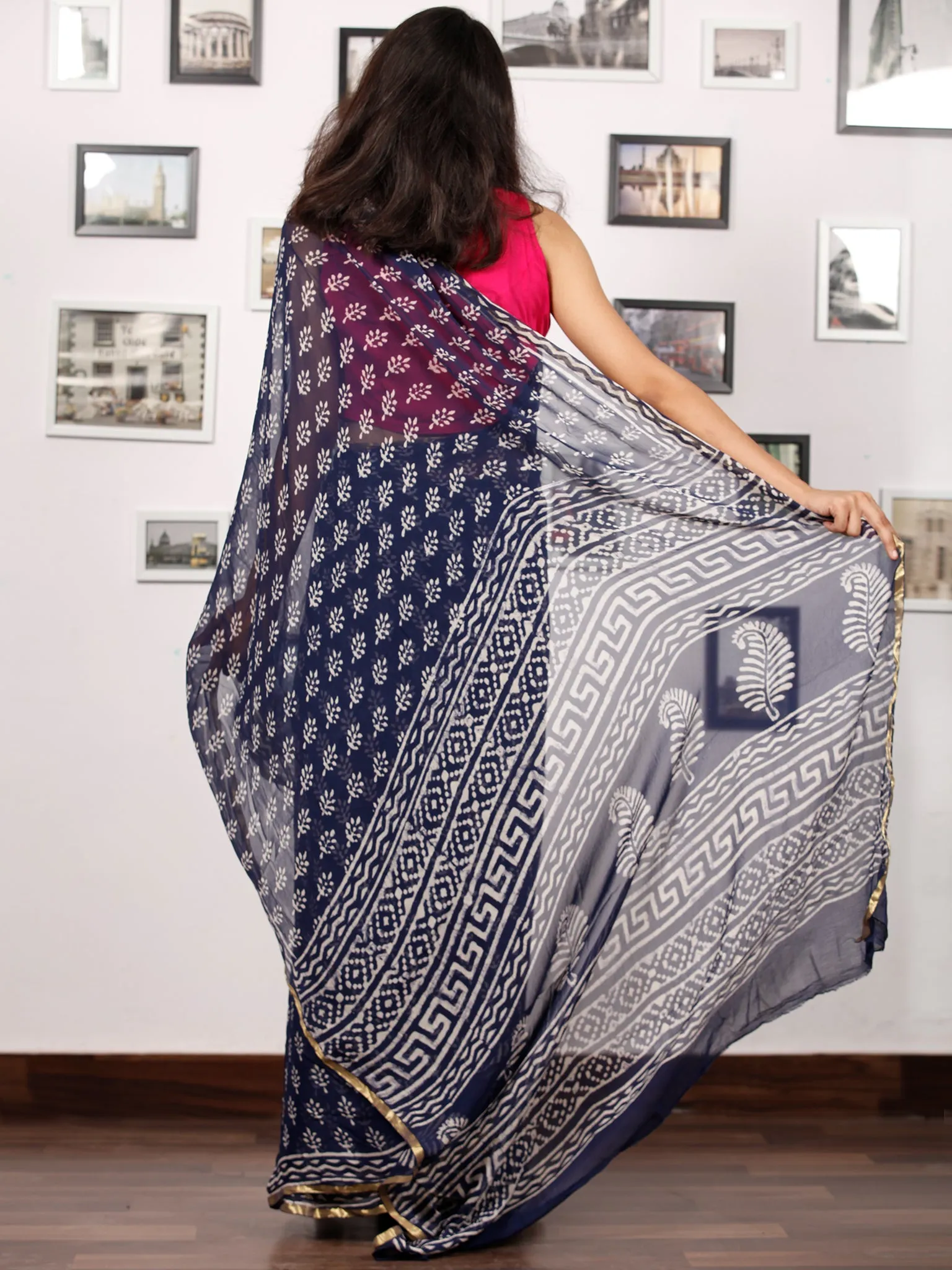 Indigo White Hand Block Printed Chiffon Saree with Zari Border - S031703156