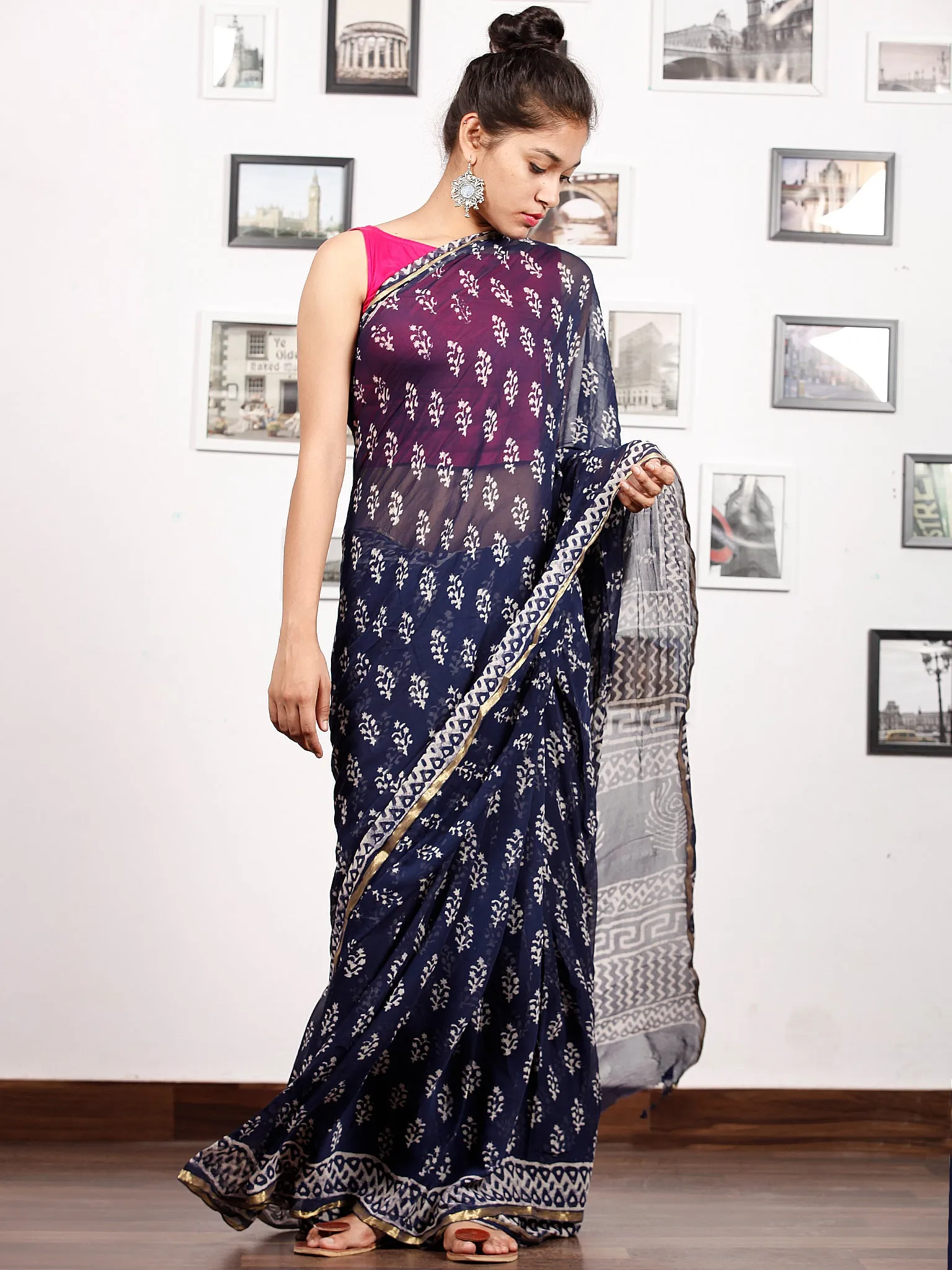 Indigo White Hand Block Printed Chiffon Saree with Zari Border - S031703165