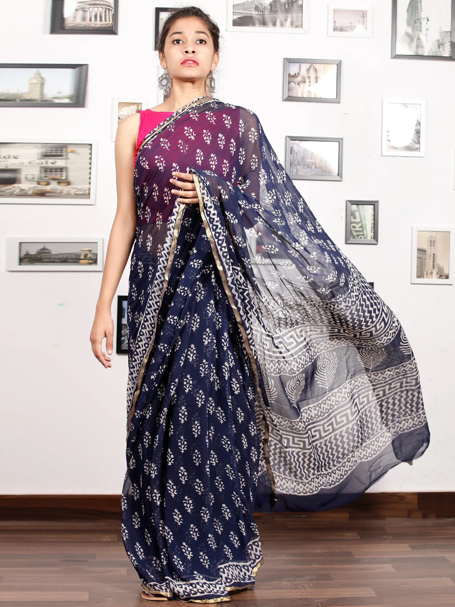 Indigo White Hand Block Printed Chiffon Saree with Zari Border - S031703165