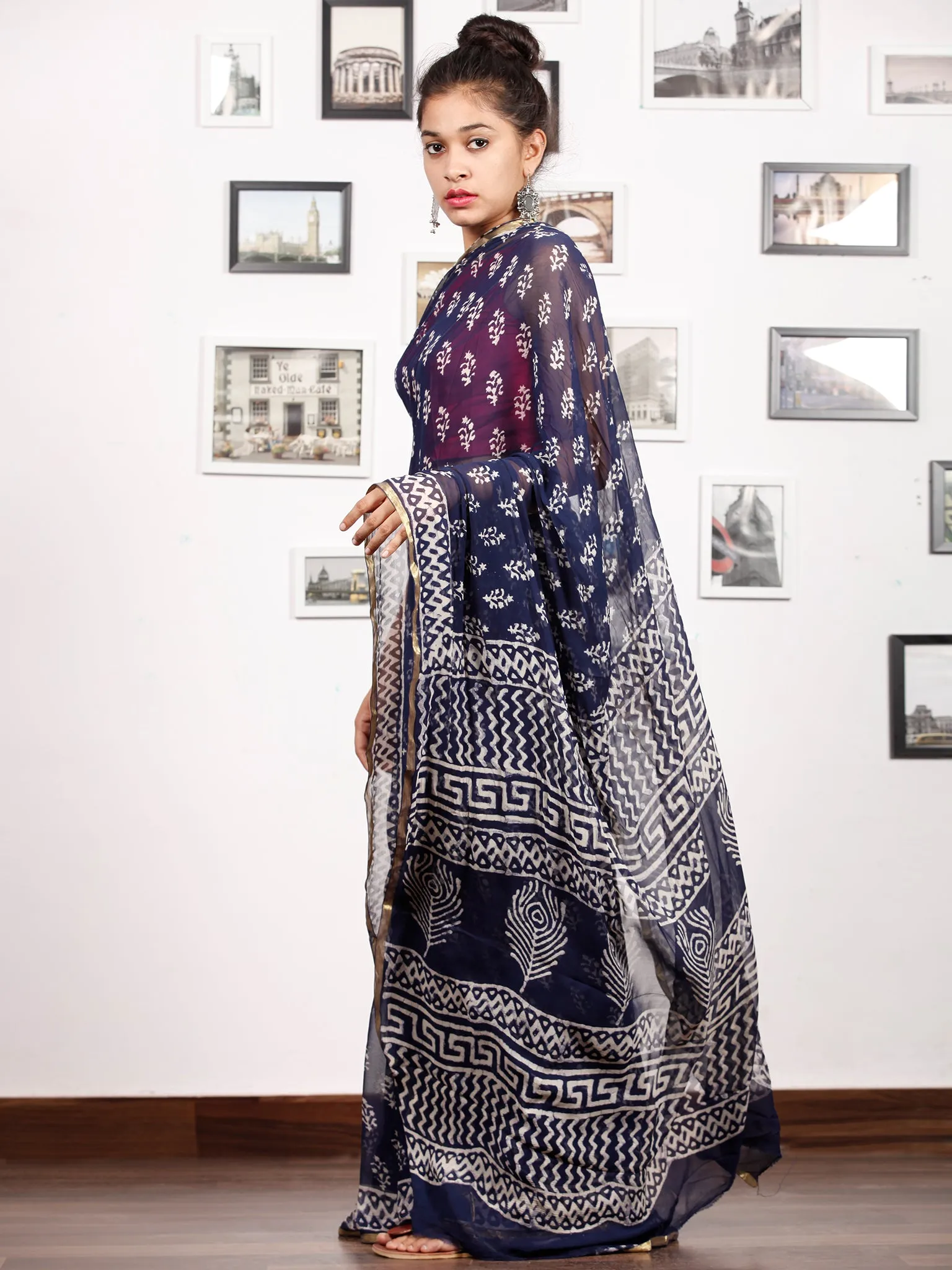 Indigo White Hand Block Printed Chiffon Saree with Zari Border - S031703165