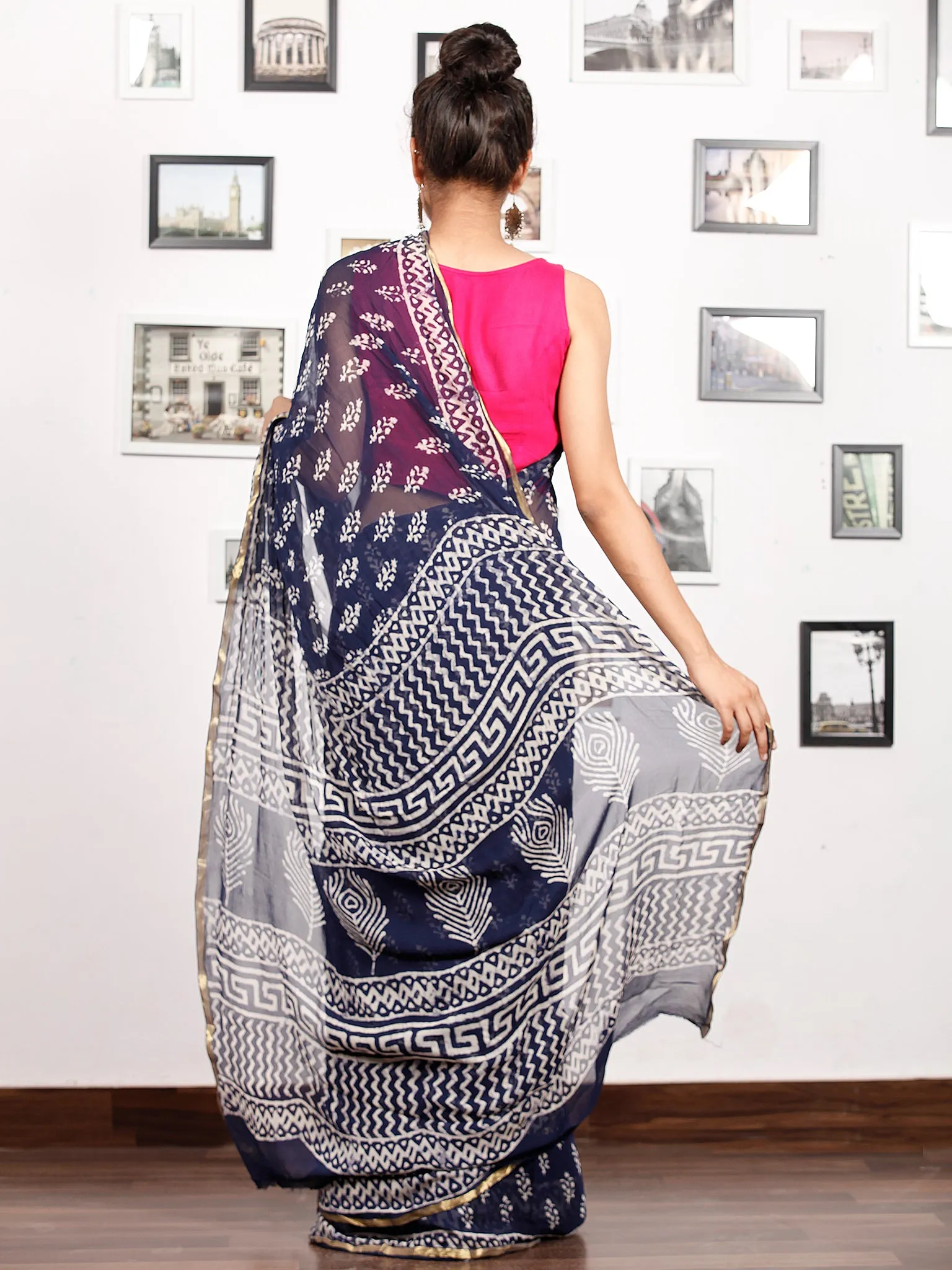 Indigo White Hand Block Printed Chiffon Saree with Zari Border - S031703165