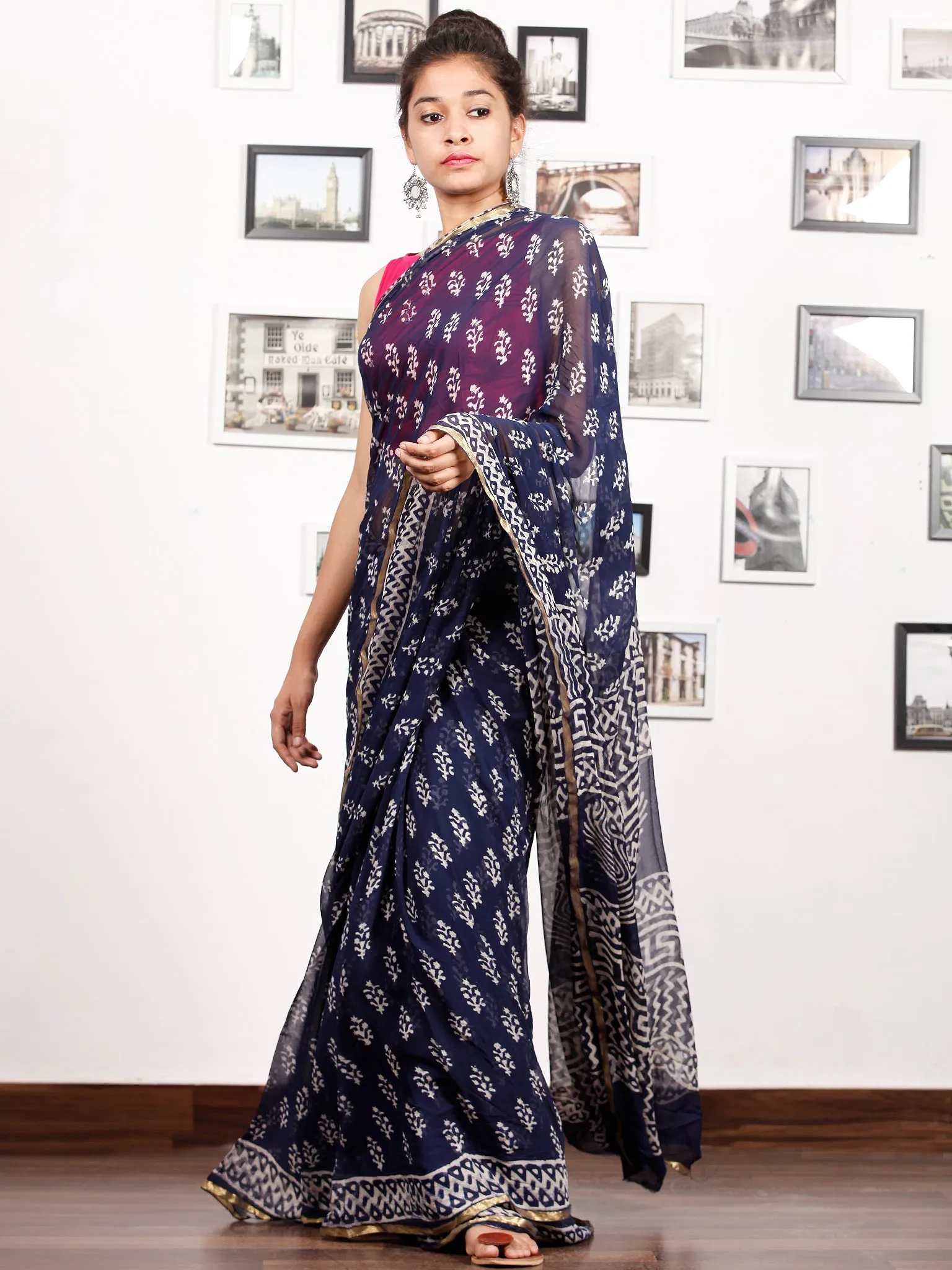 Indigo White Hand Block Printed Chiffon Saree with Zari Border - S031703165