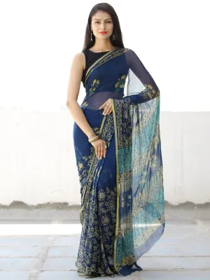 Indigo Yellow Green Hand Block Printed Chiffon Saree with Zari Border - S031703952