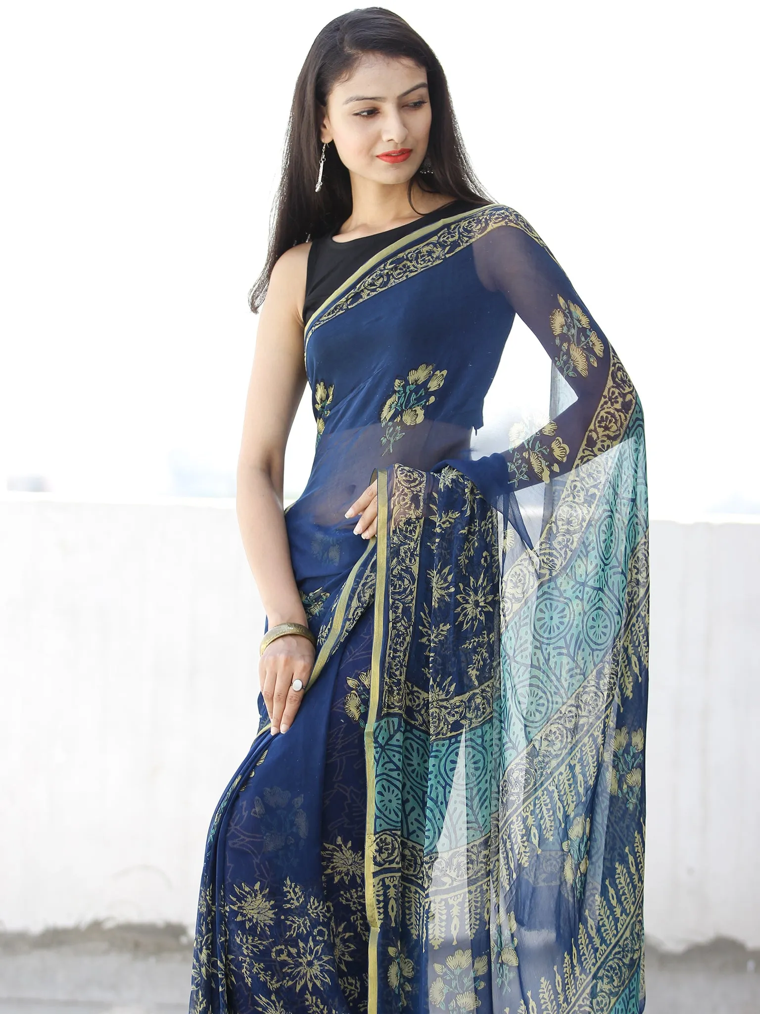 Indigo Yellow Green Hand Block Printed Chiffon Saree with Zari Border - S031703952