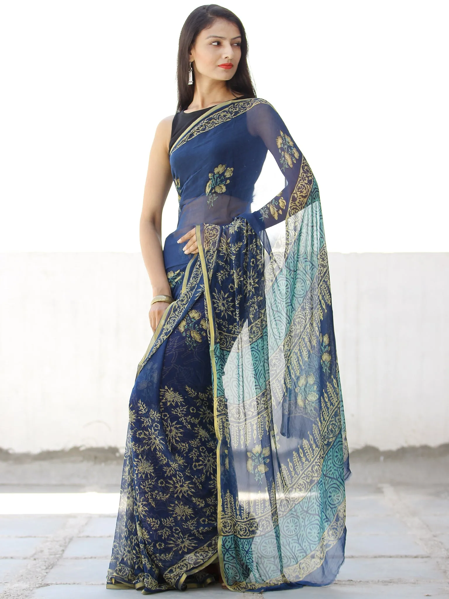 Indigo Yellow Green Hand Block Printed Chiffon Saree with Zari Border - S031703952