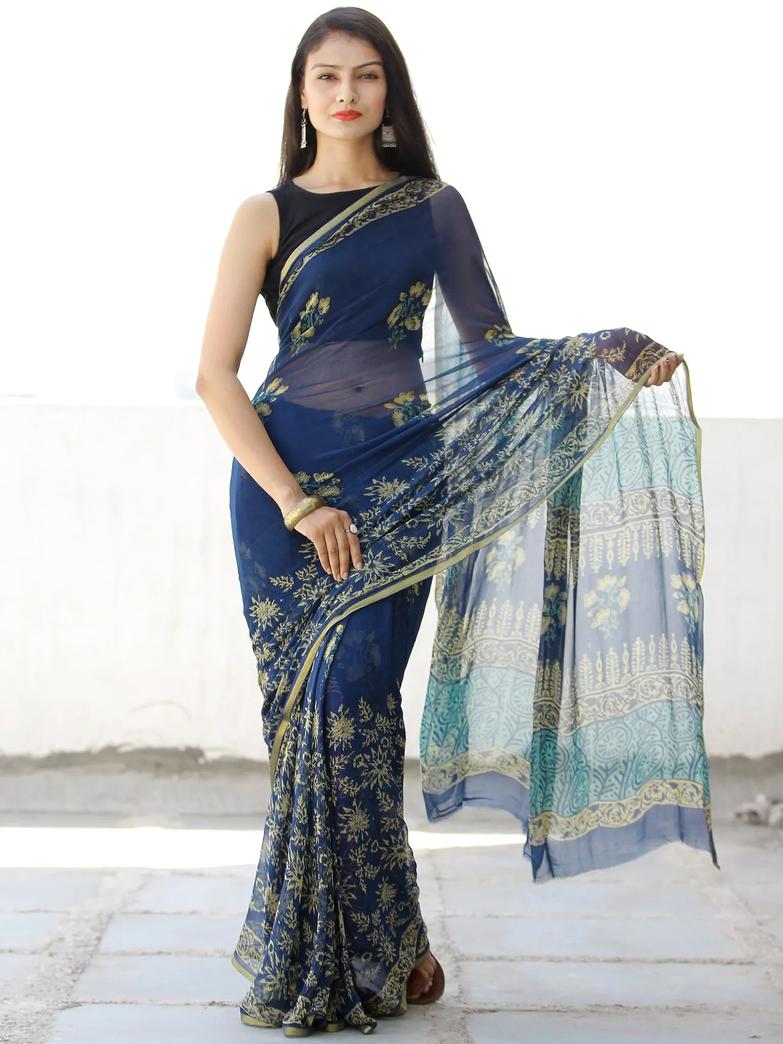 Indigo Yellow Green Hand Block Printed Chiffon Saree with Zari Border - S031703952