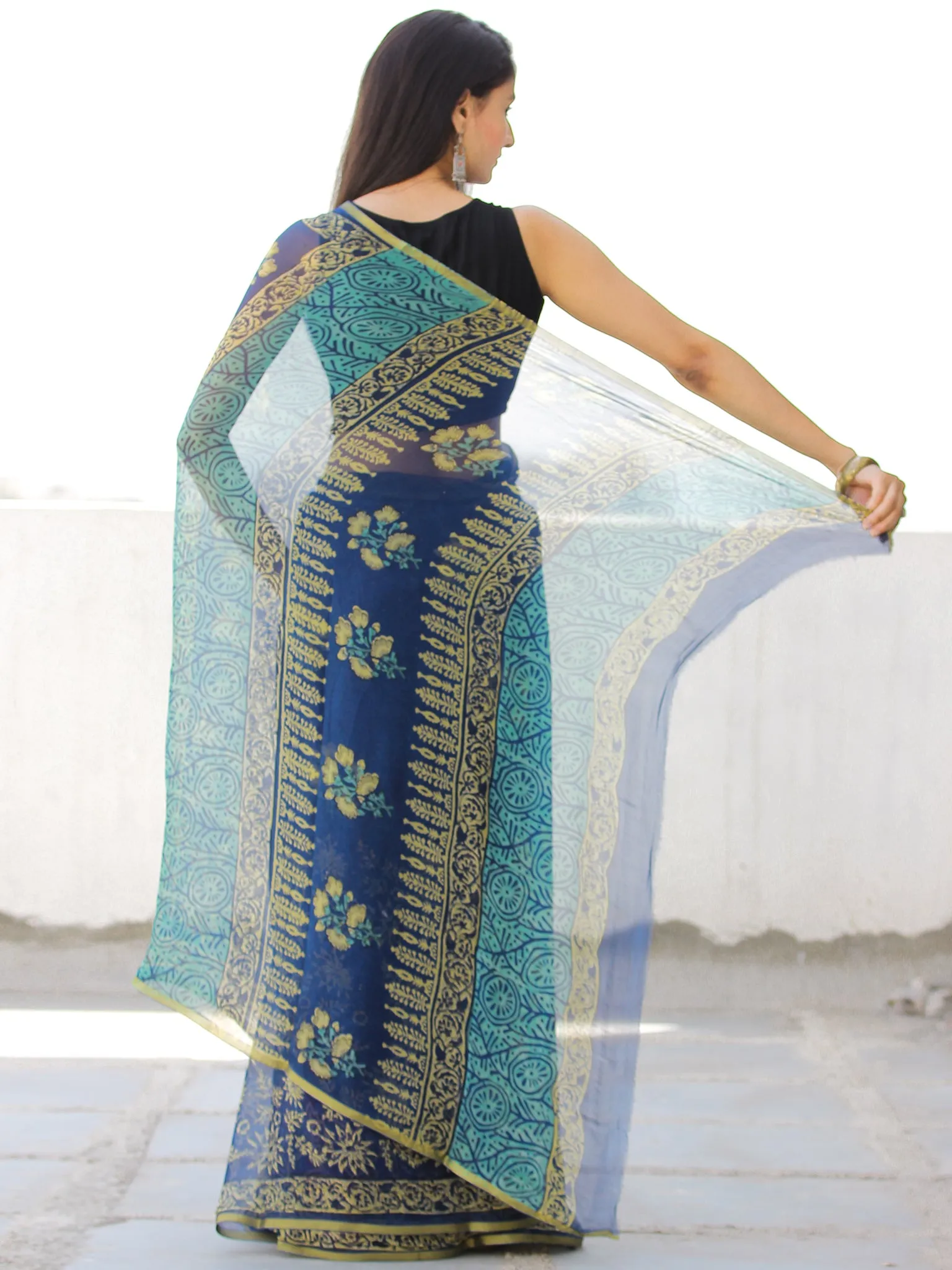 Indigo Yellow Green Hand Block Printed Chiffon Saree with Zari Border - S031703952