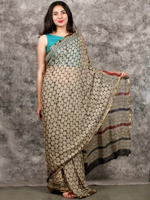 Ivory Black Hand Block Printed Chiffon Saree with Zari Border - S031703220