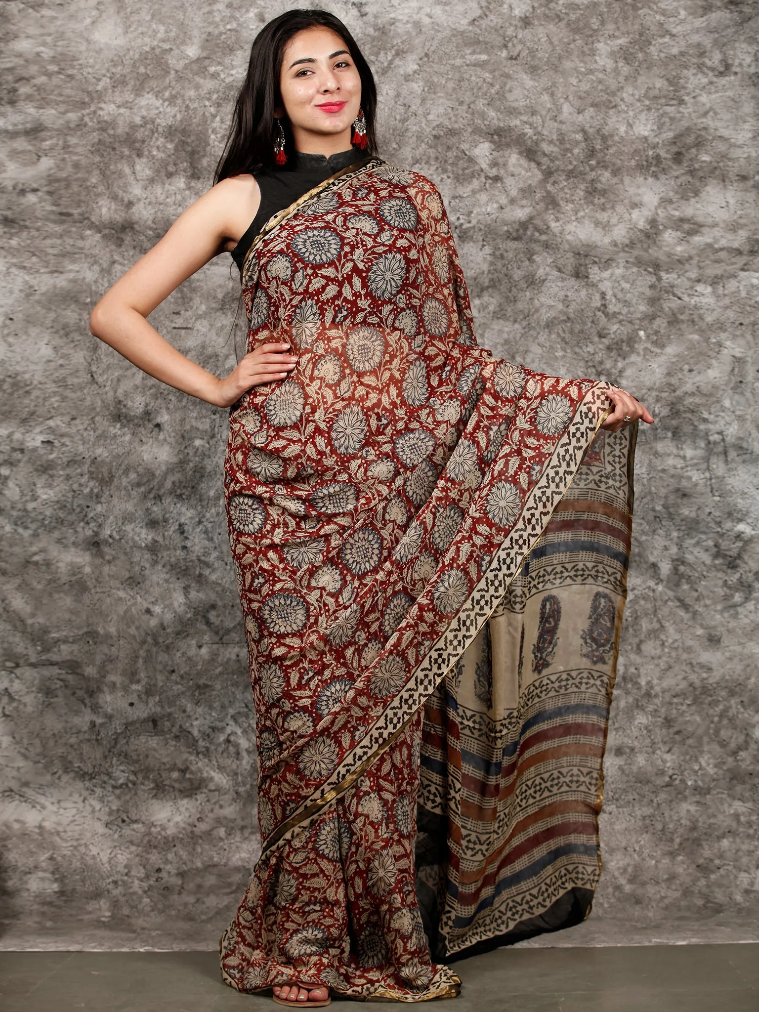 Ivory Black Maroon Grey Hand Block Printed Chiffon Saree with Zari Border - S031703227