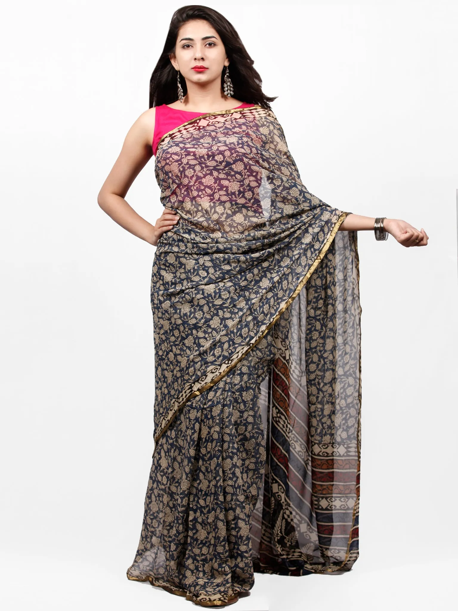 Ivory Indigo Black Hand Block Printed Chiffon Saree with Zari Border - S031703263