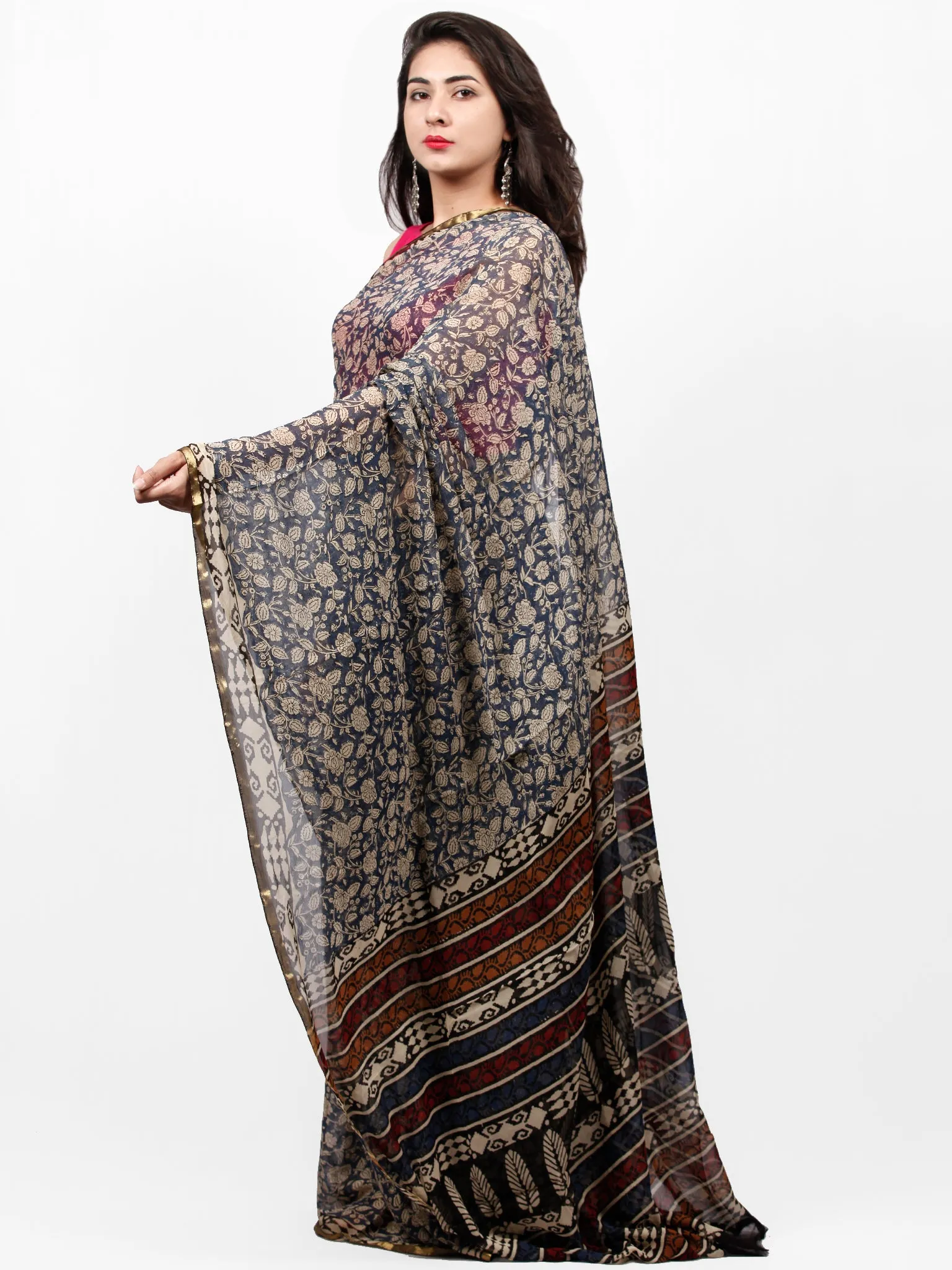 Ivory Indigo Black Hand Block Printed Chiffon Saree with Zari Border - S031703263