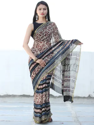 Ivory Maroon Indigo Hand Block Printed Chiffon Saree with Zari Border - S031703935