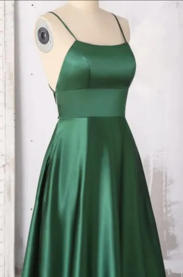 kamahe Emerald Green Prom Dresses, Strappy Back Slit Simple Satin Prom Dress