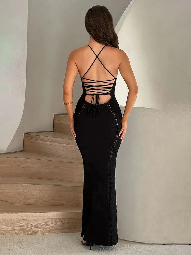 Knitted Bodycon Spaghetti Strap Spring Summer Backless Nightclub Sexy Party Maxi Dress