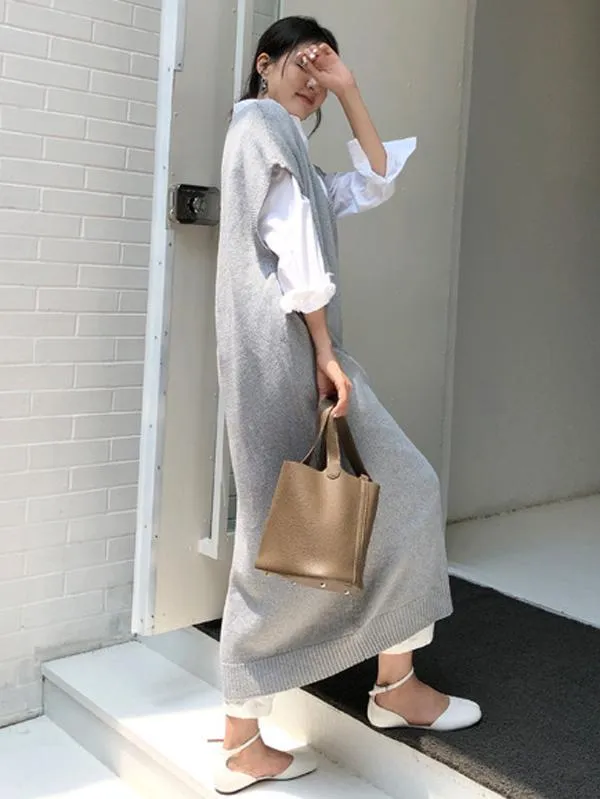 Knitting Loose V-Neck Sleeveless Long Dress