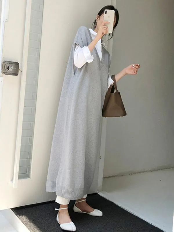 Knitting Loose V-Neck Sleeveless Long Dress