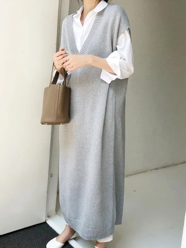 Knitting Loose V-Neck Sleeveless Long Dress