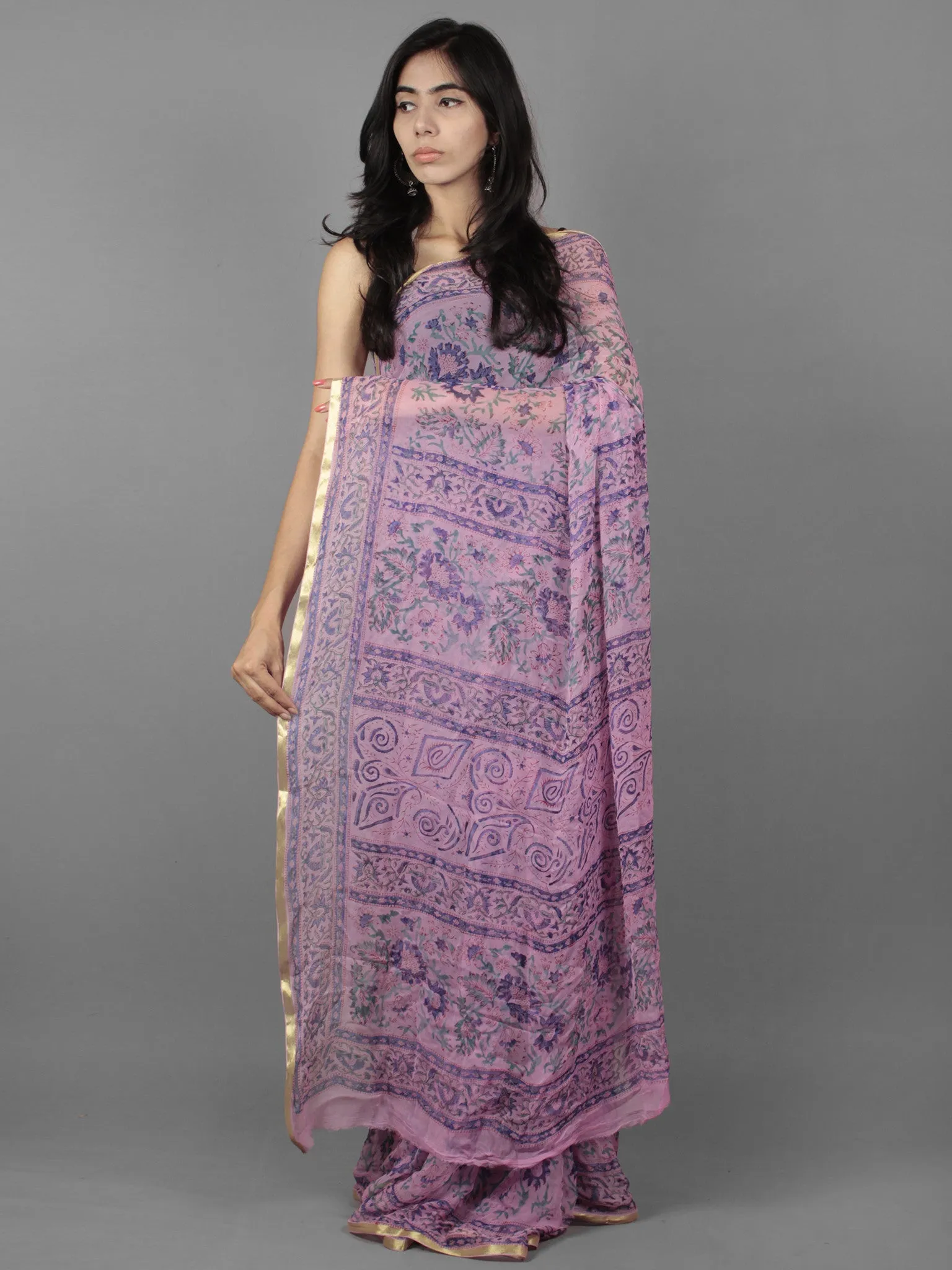 Lavender Blue Hand Block Printed Chiffon Saree - S031701882