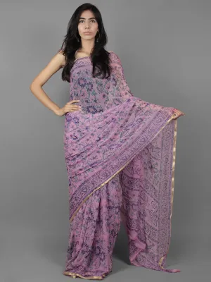 Lavender Blue Hand Block Printed Chiffon Saree - S031701882