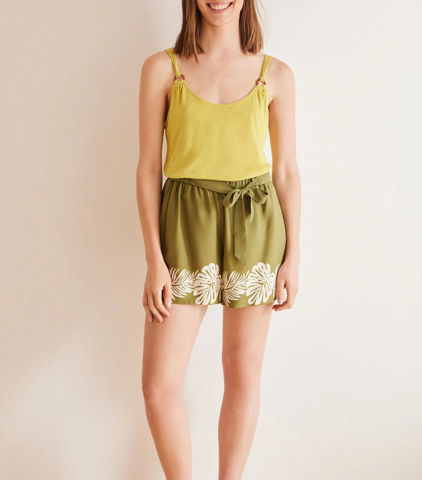 Leaf Print Viscose Shorts Khaki