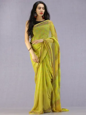 Lime Green Pink Blue Hand Block Printed Chiffon Saree with Zari Border - S031704592