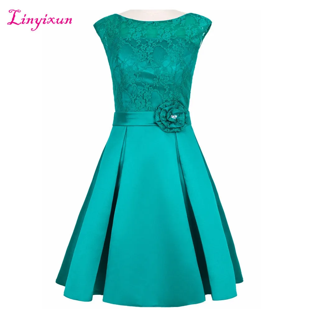 Linyixun Real Photo New Lace Homecoming Dresses 2017 Scoop Sleeveless Short 8th Grade Dresses Satin Vestido de Festa Curto