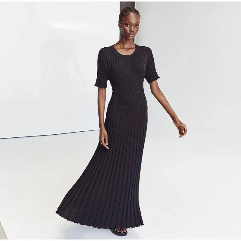 Long Dress Women Slim Wave O-neck Short Sleeve Hip Package Dresses