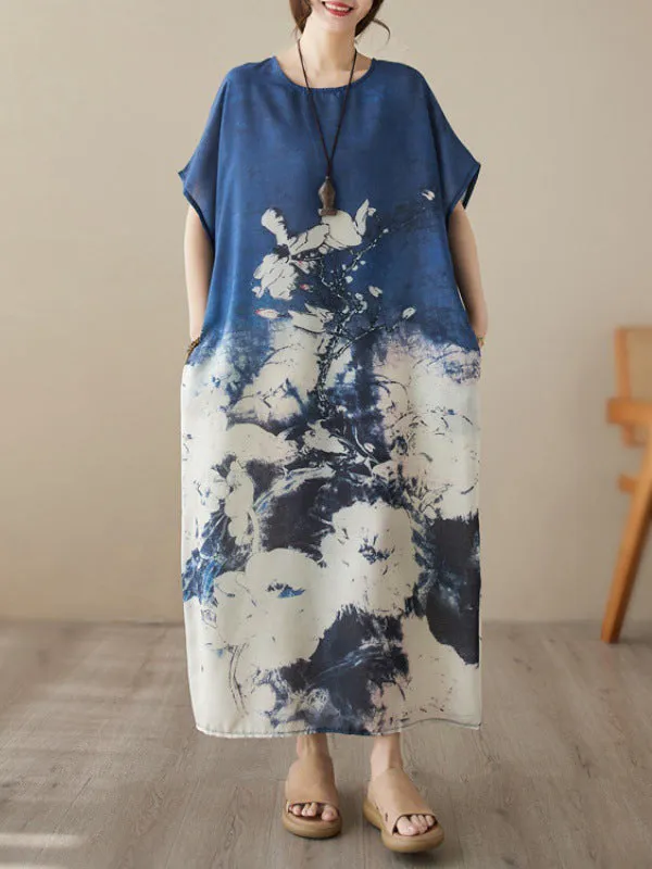 Loose Short Sleeves Printed Round-Neck Maxi Dresses