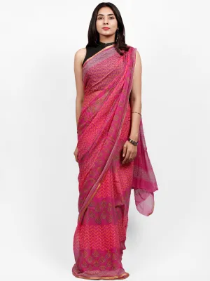 Magenta Pink Yellow Hand Block Printed Chiffon Saree with Zari Border - S031703256