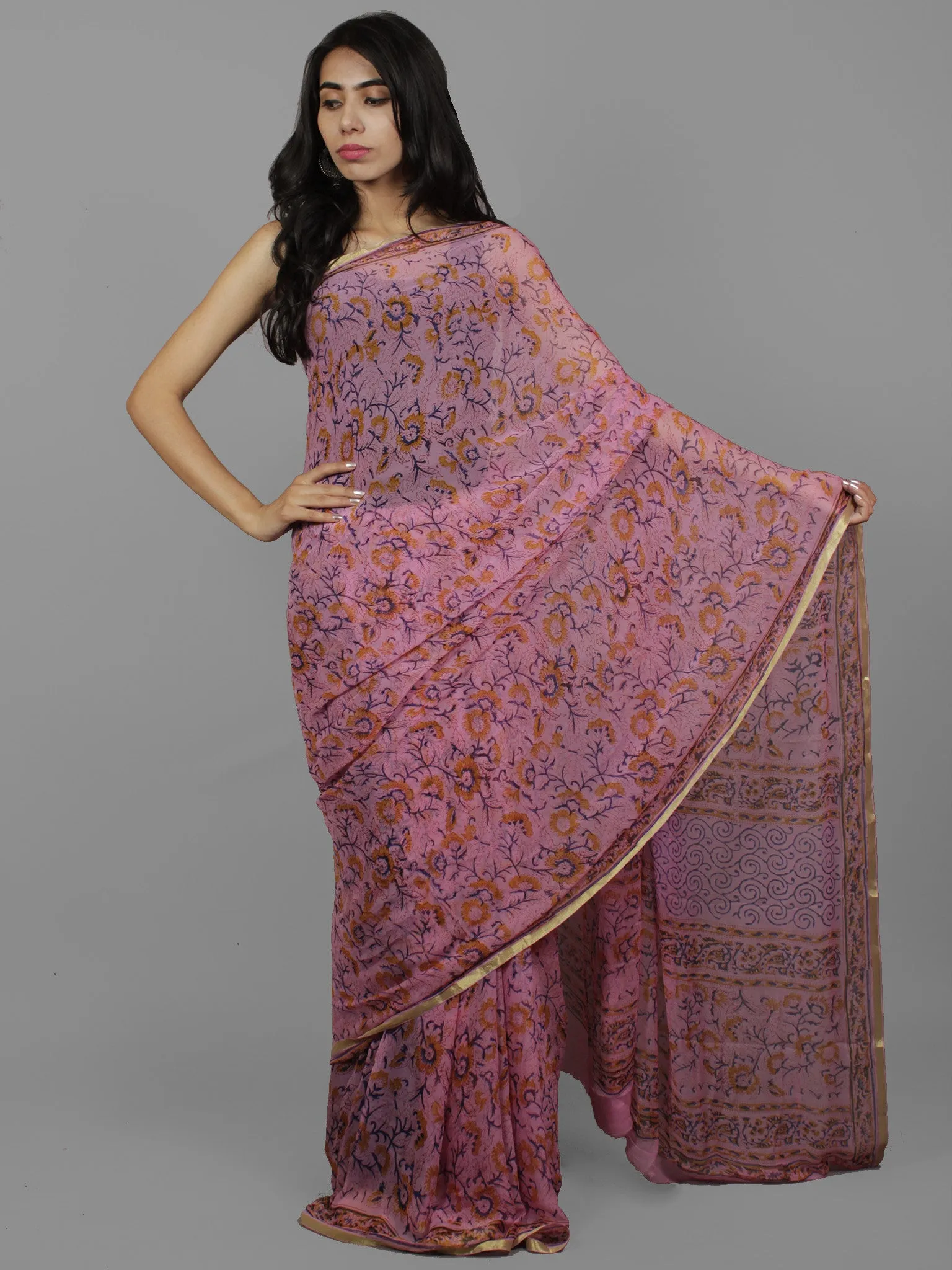 Magenta Yellow Hand Block Printed Chiffon Saree Without Blouse - S031702111