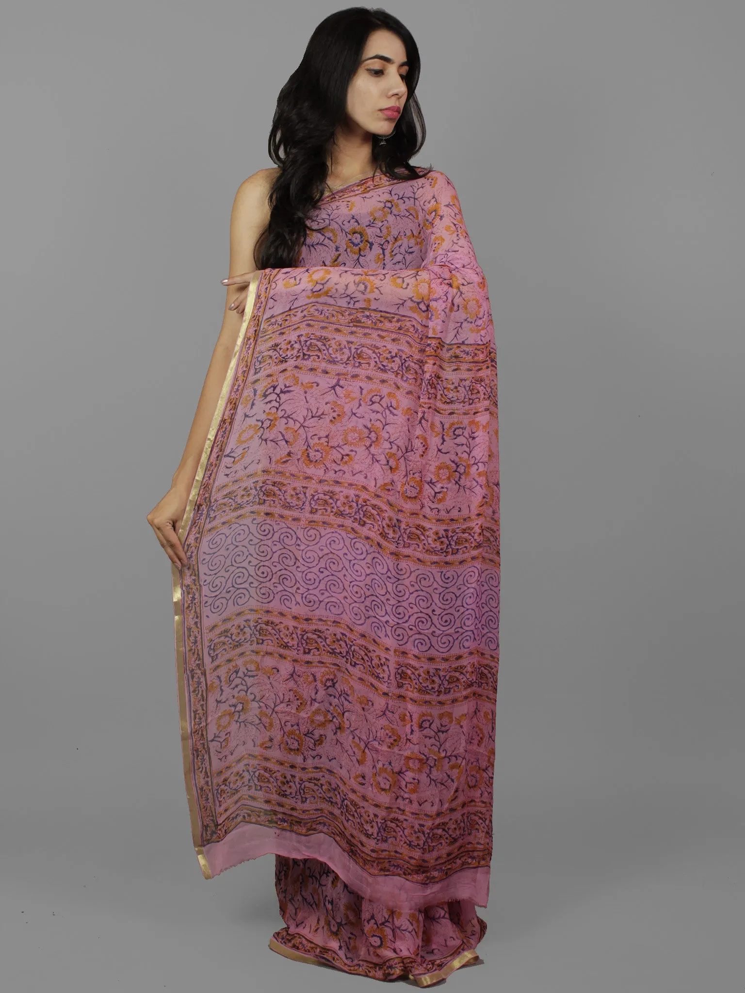 Magenta Yellow Hand Block Printed Chiffon Saree Without Blouse - S031702111